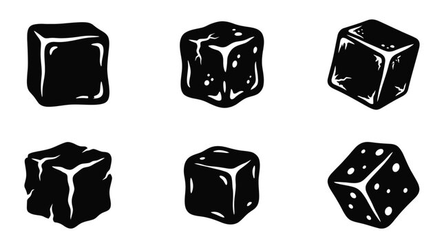Six Black Ice Cube Silhouettes On White Background Silhouette