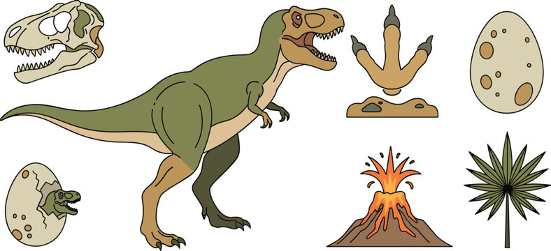 Dinosaur and Prehistoric Vector Collection Featuring Tyrannosaurus Rex, Fossils, Volcano, Dinosaur Egg, and Jurassic Era Elements for Educational Designs