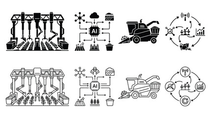 Obraz premium Set of smart farming icons, vector illustration of agricultural technology, robotic farming, ai in agriculture, data analysis and harvesting equipment