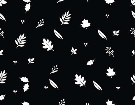 legantes Musterdesign mit wei&szlig;en Bl&auml;ttern, Zweigen und kleinen botanischen Elementen auf schwarzem Hintergrund. Die kontrastreiche Farbgebung wirkt modern, edel und vielseitig einsetzbar &ndash; ideal f&uuml;r T