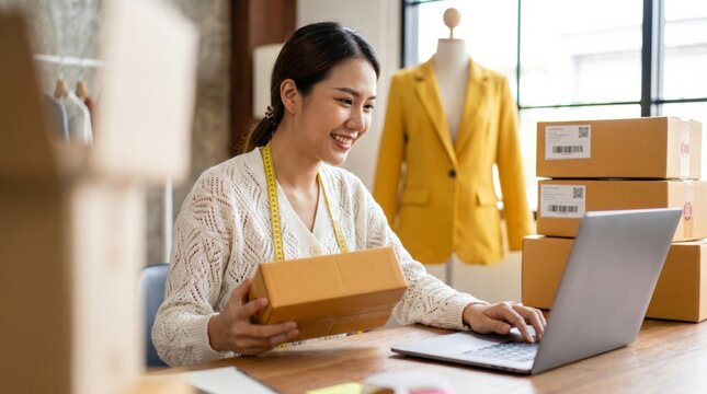 Woman sitting at desk with laptop and cardboard box in office surrounded by boxes and mannequin