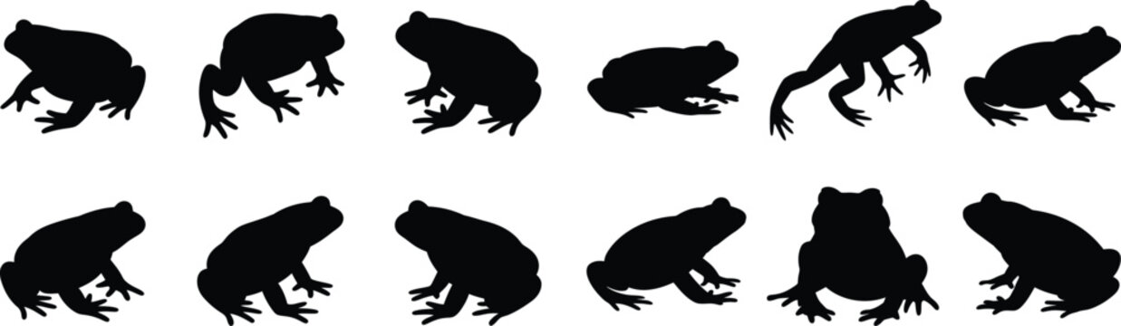 Group of frog silhouettes in various poses including sitting leaping and jumping displaying natural wildlife behavior for creative design projects.