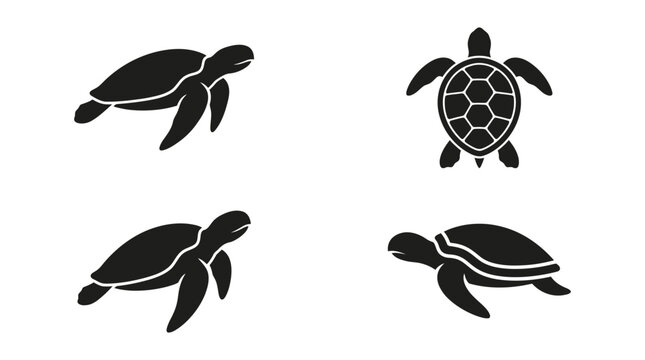 Sea Turtle Silhouettes Collection Black And White Graphic Style Silhouette