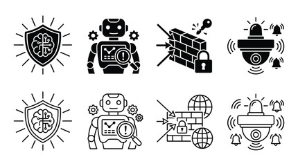 Obraz premium Set of cybersecurity icons, including ai protection, robotic analysis, firewall security, and surveillance alarm system