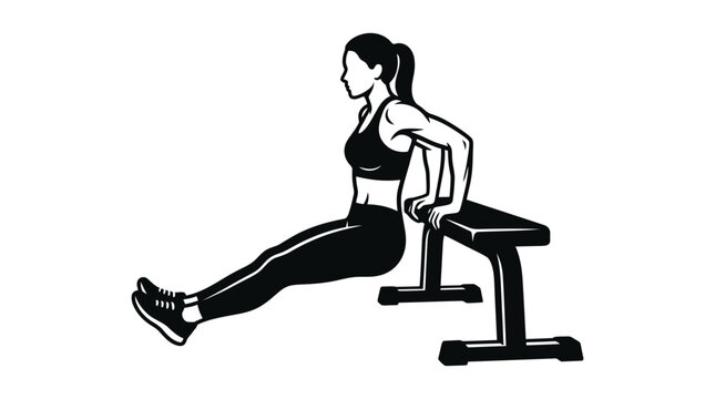 Athletic woman performing tricep dips on a gym weight bench