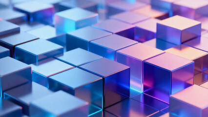 Obraz premium This 3D rendered background features glossy metallic cubes arranged in a grid, illuminated by vibrant blue and pink neon lighting with soft reflections and depth.