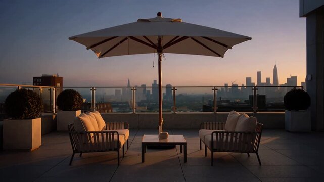 Luxury rooftop terrace sunset cityscape view modern outdoor furniture umbrella and skyline at dusk cinematic panning shot