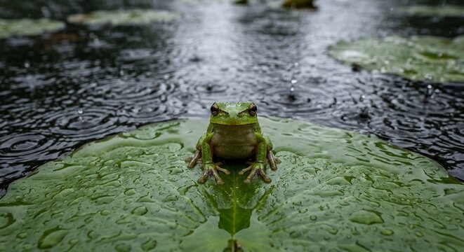 A frog sitting on a wet lily pad surrounded by rain drops, capturing a moment of tranquility in nature during a downpour