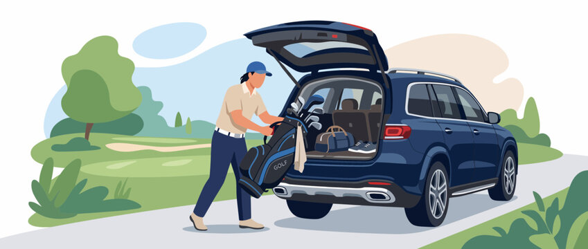 Golfer loading golf clubs into the trunk of a blue SUV car.