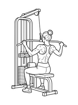 Athletic woman performing lat pulldown exercise on a gym machine