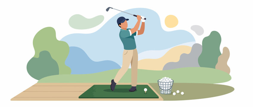 Professional golfer swinging a club on a driving range practice mat.