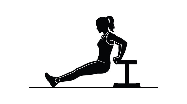 Athletic woman performing tricep dips on a bench fitness exercise
