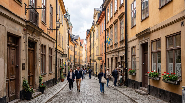 Tourists walking on a narrow cobblestone street in Gamla Stan old town Stockholm Sweden with historic yellow buildings