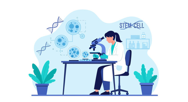 Scientist working with microscope in stem cell research lab, DNA and cells illustration
