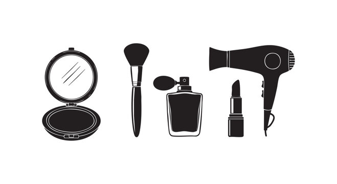 Essential beauty and makeup items featuring a compact mirror, brush, perfume bottle, lipstick, and hairdryer.