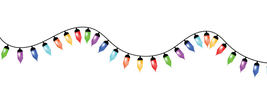 Colorful Christmas string lights on black wire isolated on white background