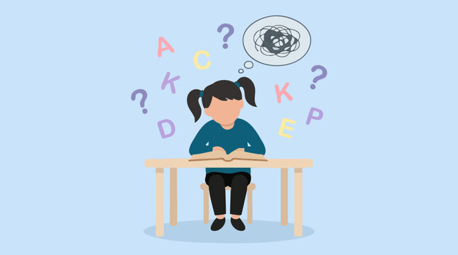 Young girl struggling with reading, letters, and learning difficulties