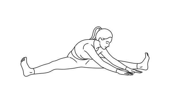 Woman performing a seated straddle stretch in a yoga pose