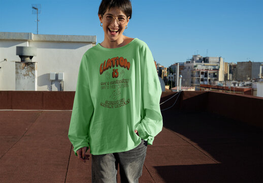 Mockup of a T-Shirt Worn by a woman Outdoors