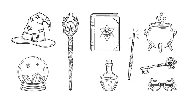 Hand-drawn Magic and Fantasy Elements Vector Collection. Outline Wizardry Tools, Spellbook, Cauldron, Crystal Ball, Potion, Hat Icons
