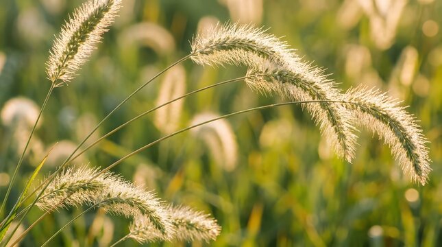 Foxtail grass seeds swaying in golden sunlight, nature background detail.