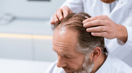 Naklejka premium Hair transplant consultant parting a balding male patient's sparse hair to reveal a visible bare scalp patch.