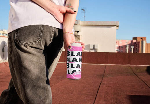 Tall Boy Can Mockup in a Rooftop Setting