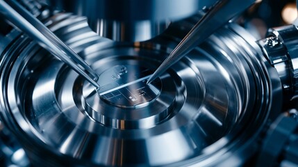 Fototapeta premium Closeup of precision tweezers holding a GaN wafer as it is inserted into a sleek sputter coater chamber showcasing stainless steel surfaces and soft ambient lighting.