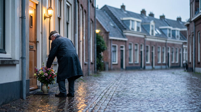 Elderly man leaving flowers anonymously at neighbor's door in early morning rain soaked street, back to viewer, small act of grace unseen, w