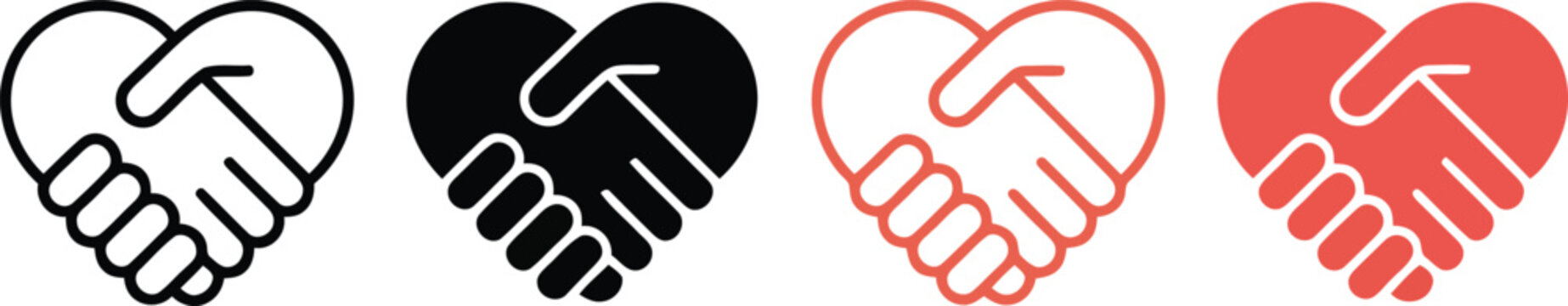 Handshake heart icons set black red and gradient variations