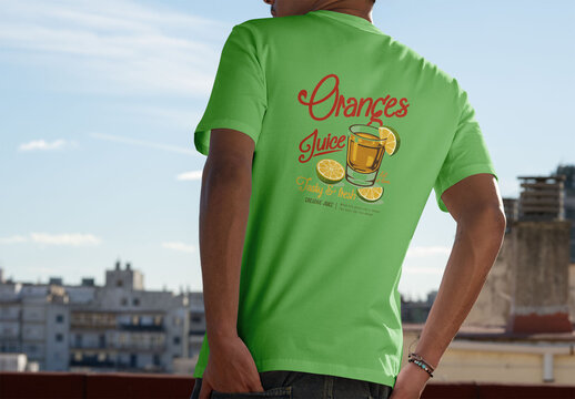 Mockup of a back T-Shirt on a Rooftop Setting