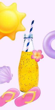 Yellow fruit smoothie bottle with straw and tropical beach decorations. Concept of fresh drink advertising, juice brand packaging, summer cafe menu, and vacation promo.
