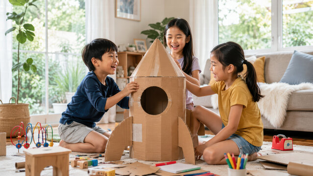 Children playing with cardboard rocket in bright living room, happy sibling group building toy together