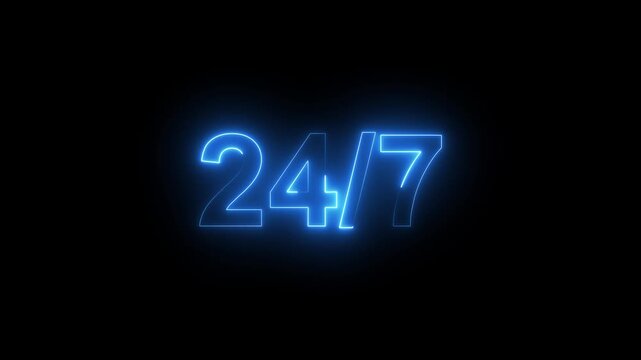 24 hours a day and 7 days a week animation on black.