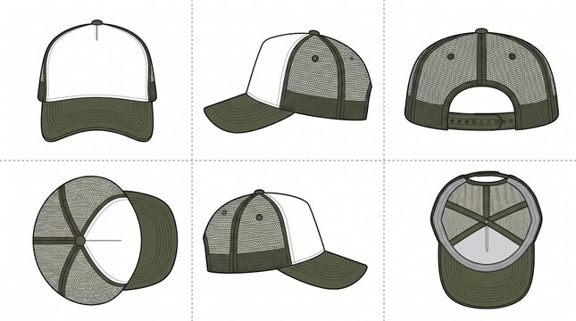 Trucker cap mockup set with various views for design presentation.