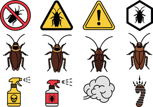 Cockroach Pest Control Warning Icon Set Featuring Insect Infestation Symbols, Spray Bottles, Hazard Signs, and Extermination Elements for Safety Design Projects