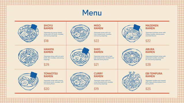 Ramen restaurant menu poster with Japanese noodle soup illustrations in retro blue and terracotta style on beige background