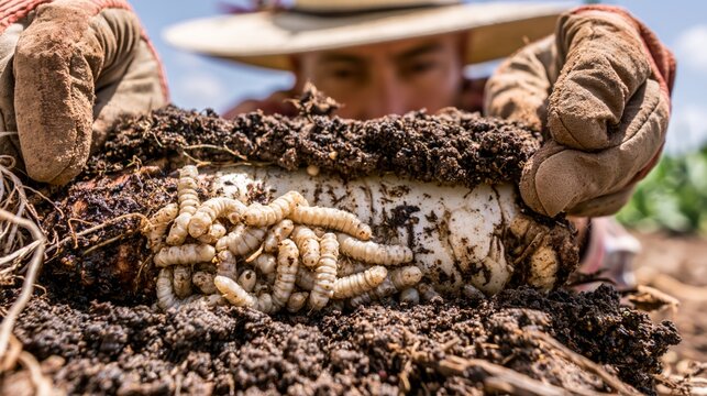 Agricultural worker pulling a root from soil revealing root maggot larvae feeding on the surface.