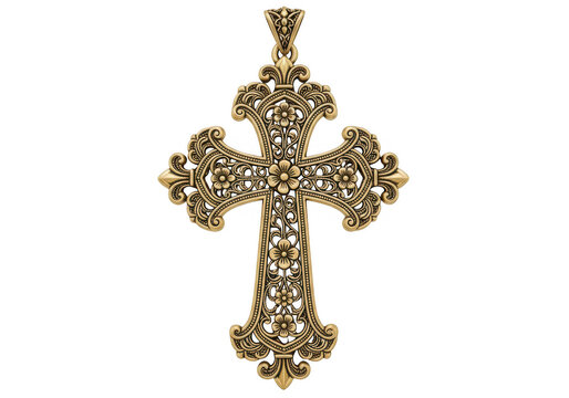 Intricate golden cross adorned with colorful gemstone embellishments isolated on transparent background