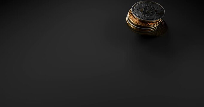 Stack of Bitcoins Toppling and Falling on Dark Background