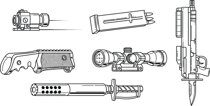 Tactical knife and gun parts, technical black and white scope handle