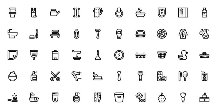 Bathroom icon set. Minimal thin line web icons. Vector illustration. Bathroom icon pack. Featuring toilet, bathtub, shower, sink, mirror, bidet, towel rack, soap, shampoo, toothbrush, hair dryer, and 