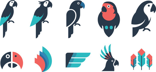 Geometric Parrot and Macaw Icon Set with Flat Minimalist Tropical Bird Wing Cockatoo and Feather Vectors for Exotic Zoo Logo Designs © EdGe Creative