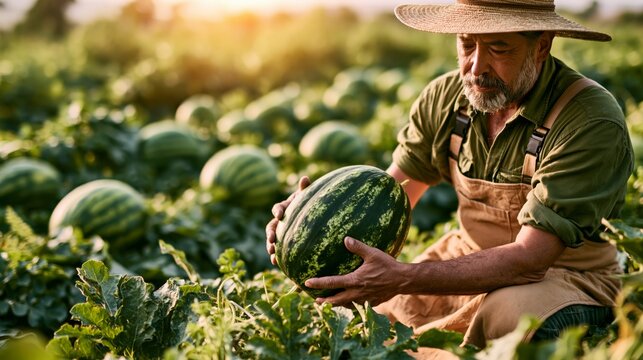 Farm worker lifting a large striped watermelon from a vine in a sunlit summer field.