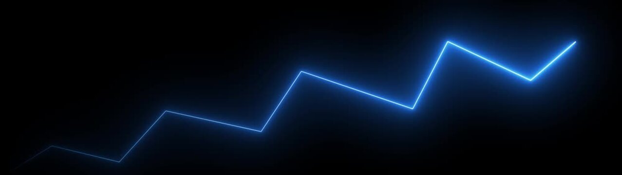 neon glowing zigzag line with upward arrow on black background, representing growth trend, progress, and rising performance.