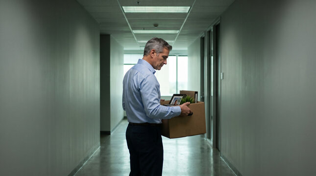 Middle aged man in dress shirt carefully folding cardboard box of desk belongings in empty office corridor, fluorescent light flickering abo 2