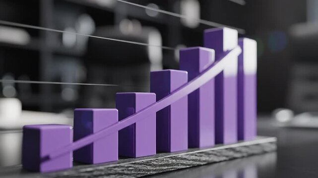 Animated purple bar chart showing financial growth. A rising arrow indicates a positive business trend and increasing profits. Data visualization for investment and market analysis