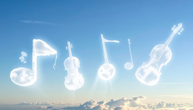 A Celestial Symphony of Musical Instruments Formed from Clouds in the Expansive Blue Sky