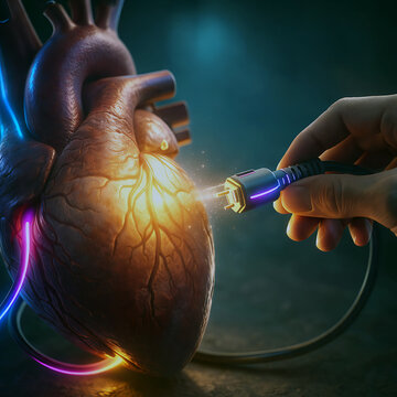 Human heart with defibrillator for cardiac arrest treatment