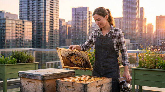 Rooftop beehive colony in a dense urban skyline, a young professional beekeeper in denim apron inspecting frames with bare hands against a b 2